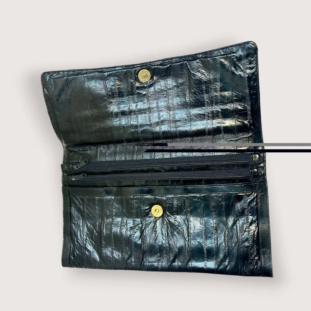 Vintage Eel Skin Leather Clutch Purse Black Slim Pockets 80s Malock Envelop